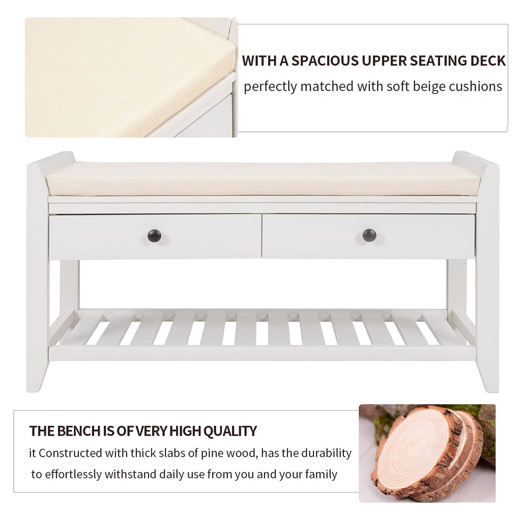 Farmhouse Wood Shoe Bench with Storage and Seat Cushion Entryway Bench with Shoe Shelf and Drawers White