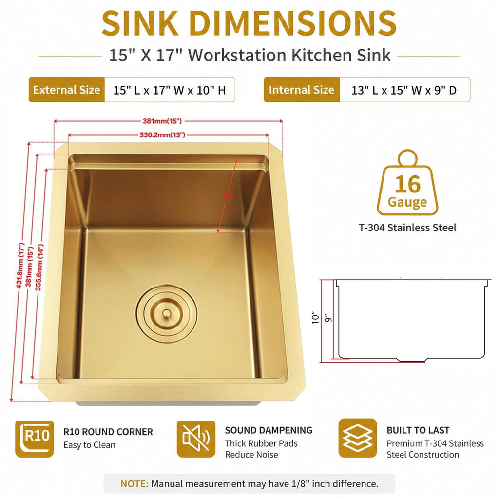 Gold Bar Sink, 15" x 17" Stainless Steel Undermount Sink