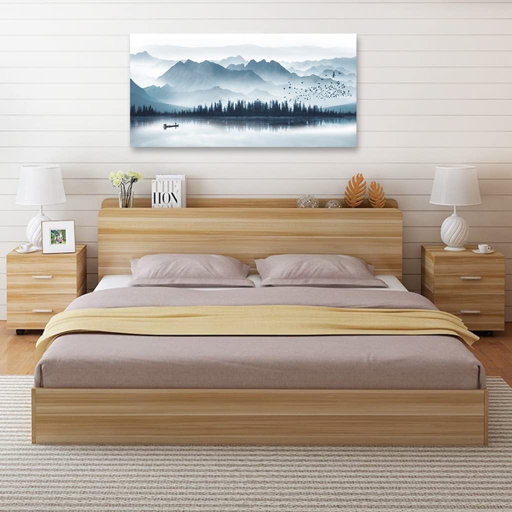 Indigo Canvas Wall Art Misty Mountain Wall Pictures Foggy Lake Boat Painting Prints Forest Birds Artwork Wall Decor
