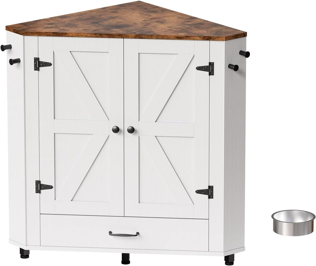 Corner Dog Food Storage Cabinet, Dog Feeding Station with 2 Hidden Bowls, Adjustable Panel, 4 Hooks, Pet Feeding