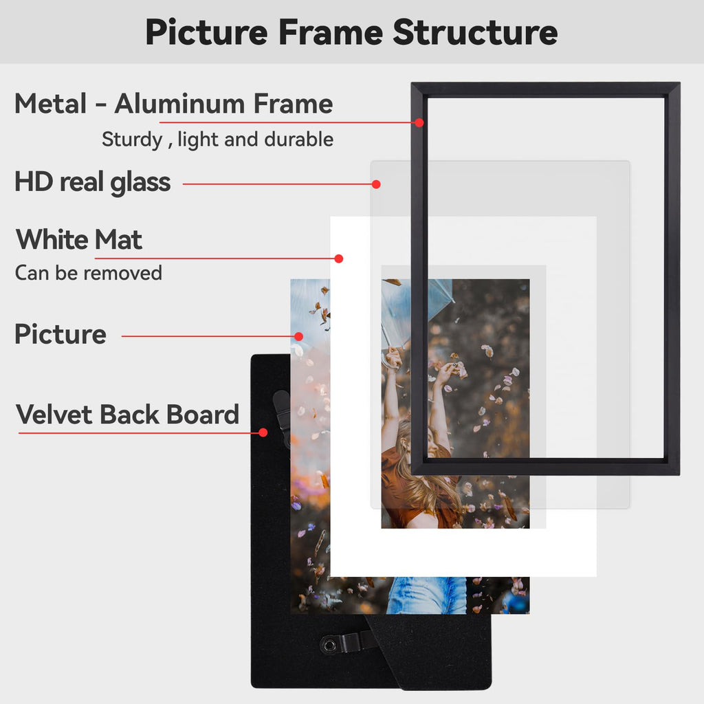 8.5x11 Black Metal Photo frames 3 Pack HD Glass Mat 5x7 Wall Table