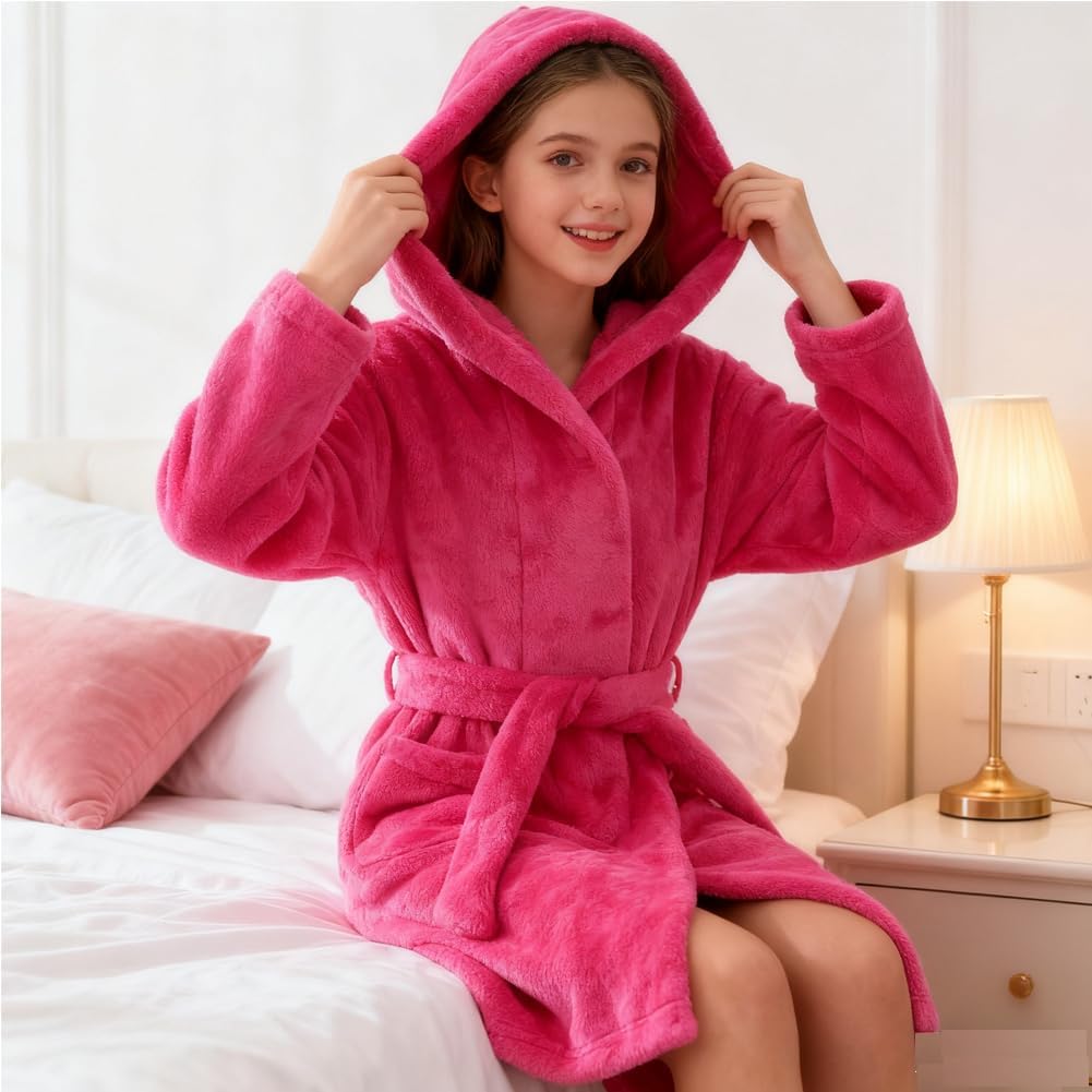 Kids Bathrobe Hooded Plush Fleece Robe for Girls Boys