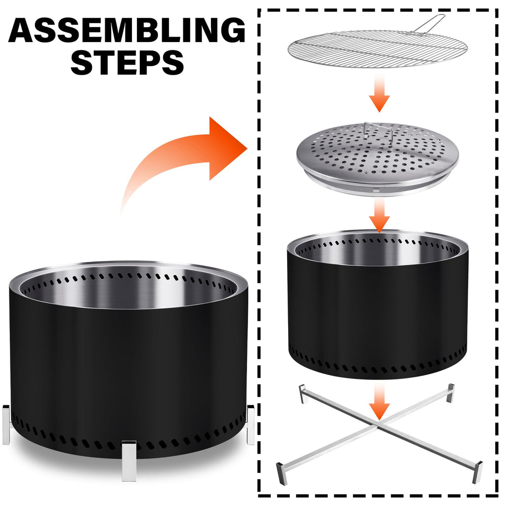28" Smokeless Firepit with Stand & Grill Rack, Large Stainless Steel Wood Burning Fire Pit for Gatherings, Secondary