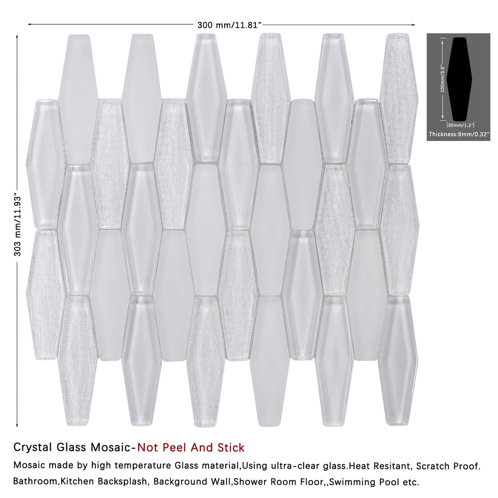 8mm Thick Picket Glass Mosaic Tile Backsplash & Bathroom Feature Wall, Elongated Hexagon Geometric Pattern, Textured