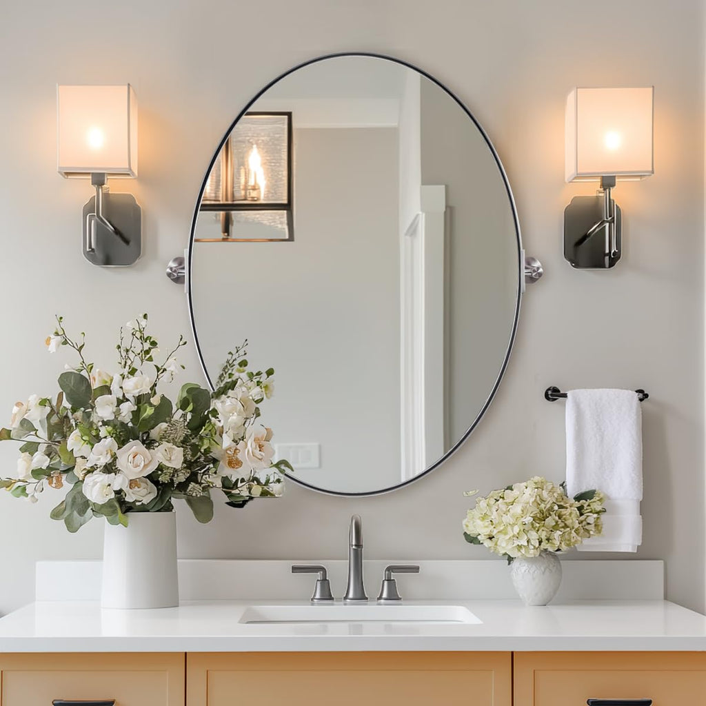 Brushed Nickel Bathroom Mirror, 22 x 34 Inch Oval Pivot Mirror for Wall, Unique Farmhouse Tilt Mirror in Slim Silver