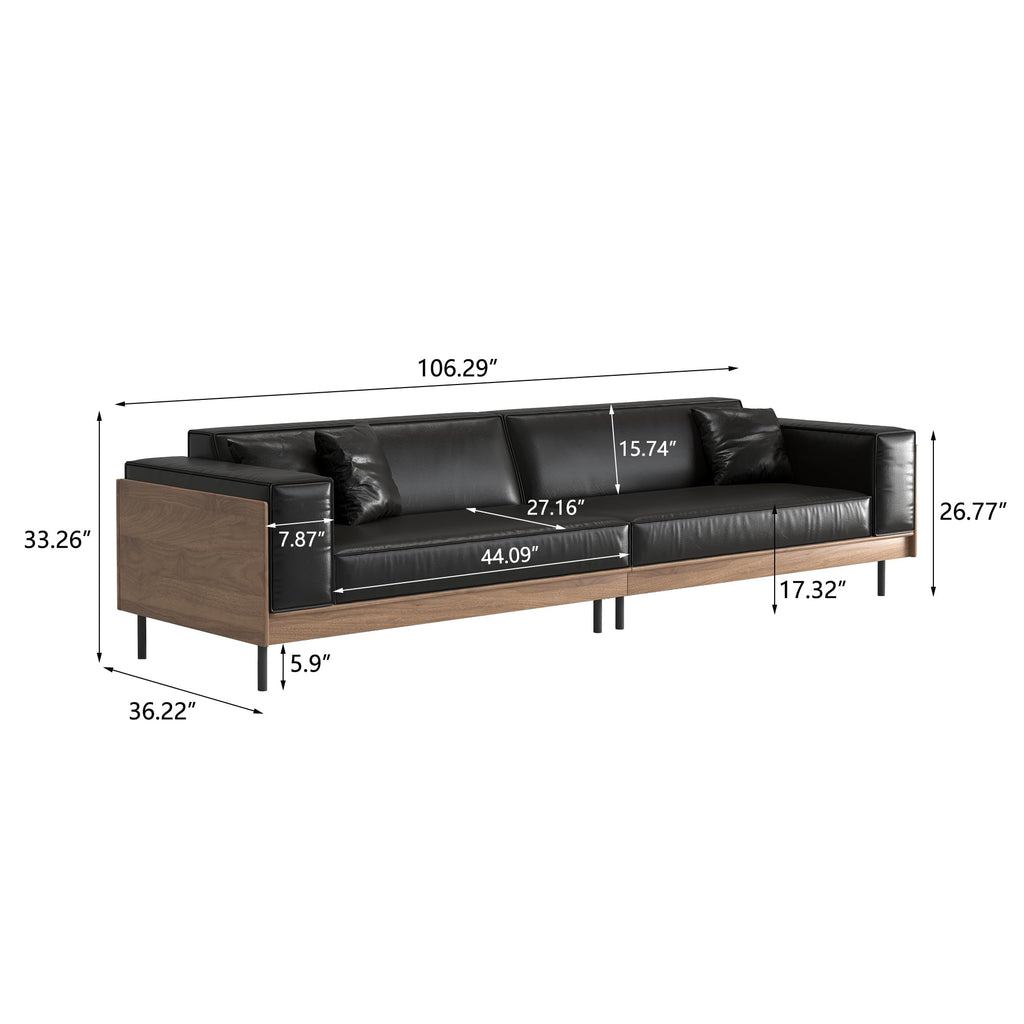 106.29" Black Leather 4-Seater Mid-Century Modern Sofa