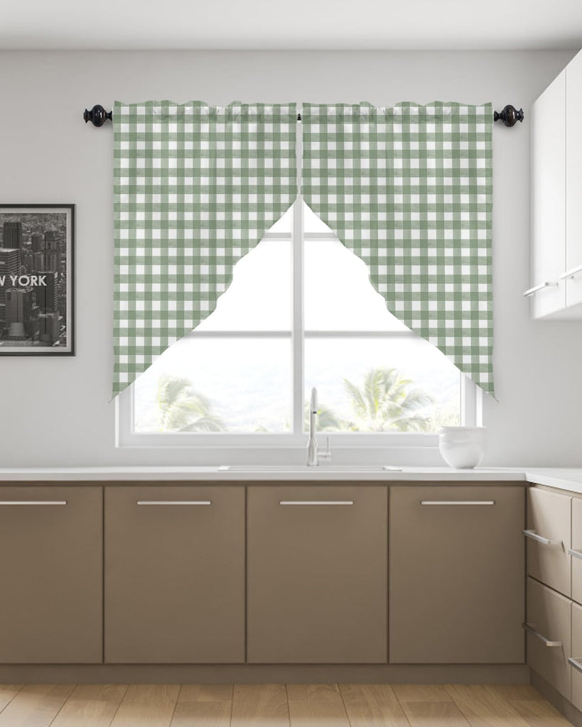 Sage Green Buffalo Plaid Swag Valances for Windows, Rustic Kitchen Window Curtains Over Sink, Green White Checkered