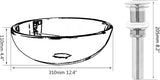 12 Inch Round Bathroom Sink Bowl with Drain Combo,Clear Black Glass Vessel Sink Basin Above Counter Tempered Glass Sink
