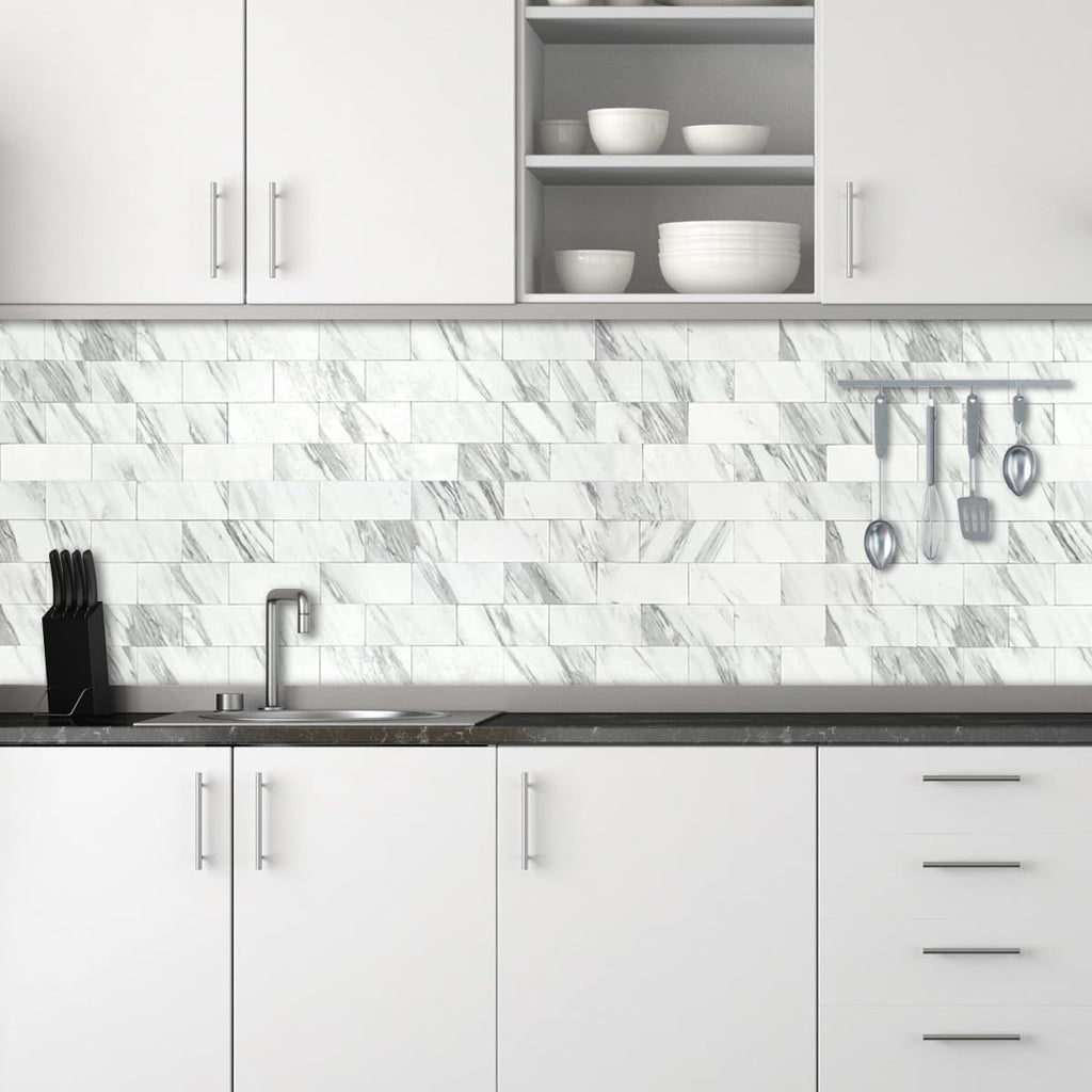 100-Piece White Marble Look Peel and Stick Backsplash Wall , 3" x 6" PVC Faux Stone Stick on Tile for Backsplash