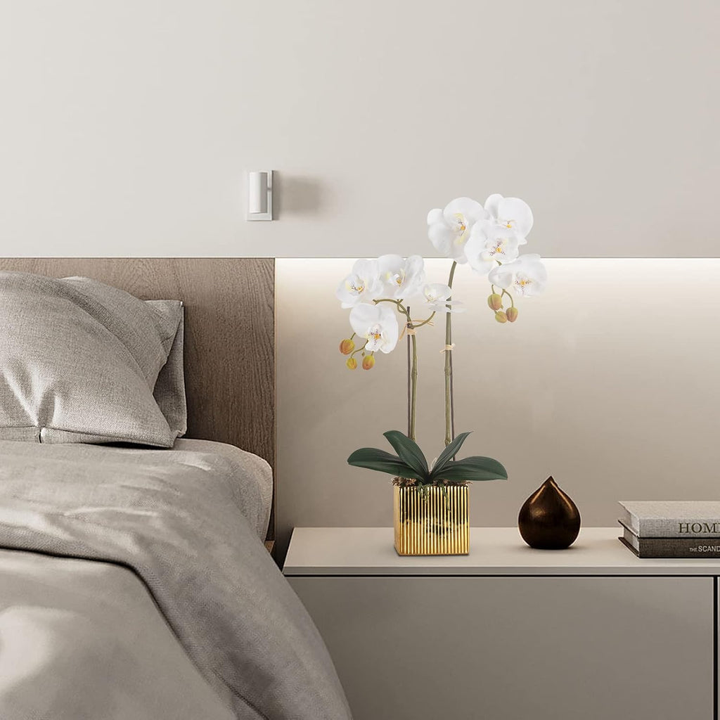 Artificial Orchid Flowers Potted in Ceramic Pot, White Faux Phalaenopsis Orchids for Table Centerpiece, Realistic