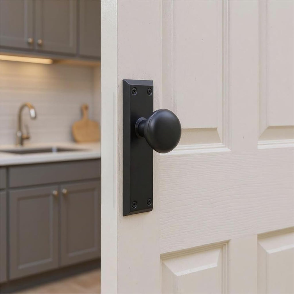Dummy Door Knob Interior,One Side Handle with Long Plate, Vintage Plate Cover for Closet and Pantry, Matte Black