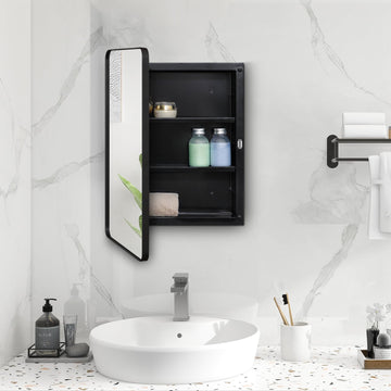 Black 16 x 22 Wall Medicine Cabinet, Mirror Door, Recessed or Surface Mount