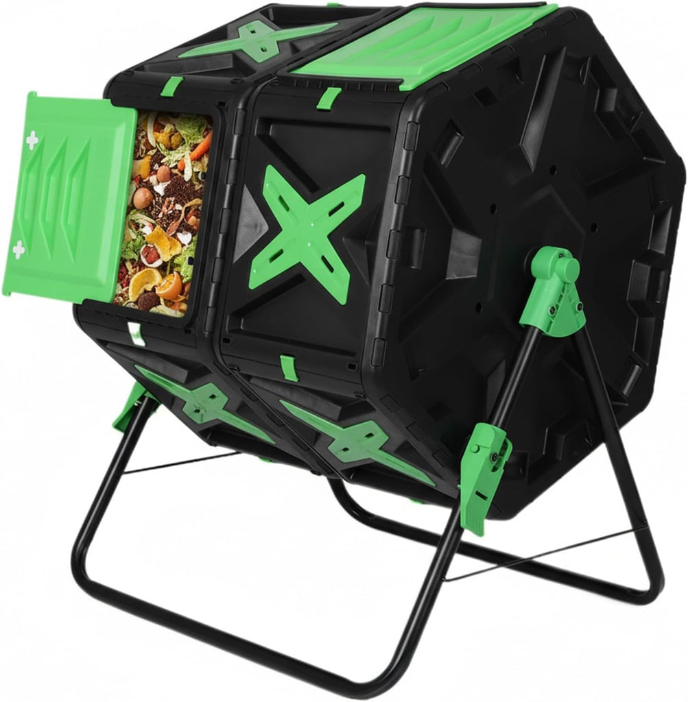 140L Dual Chamber Efficient Outdoor Compost Bin with Sliding Door 360 | Large Durable Plastic Dual Chamber Composter