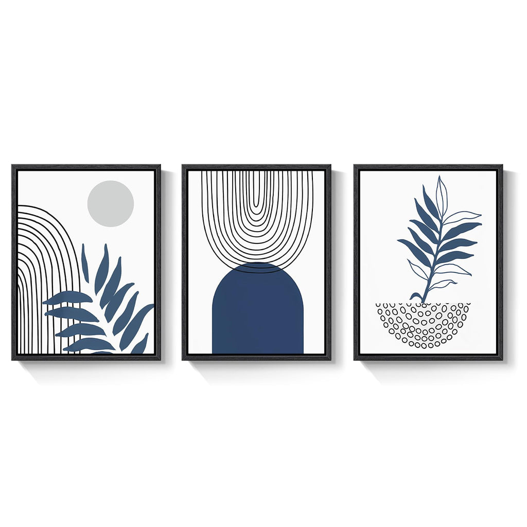 Framed Blue Mid Century Boho Botanical Canvas Wall Art Bedroom, 12x16 Inch