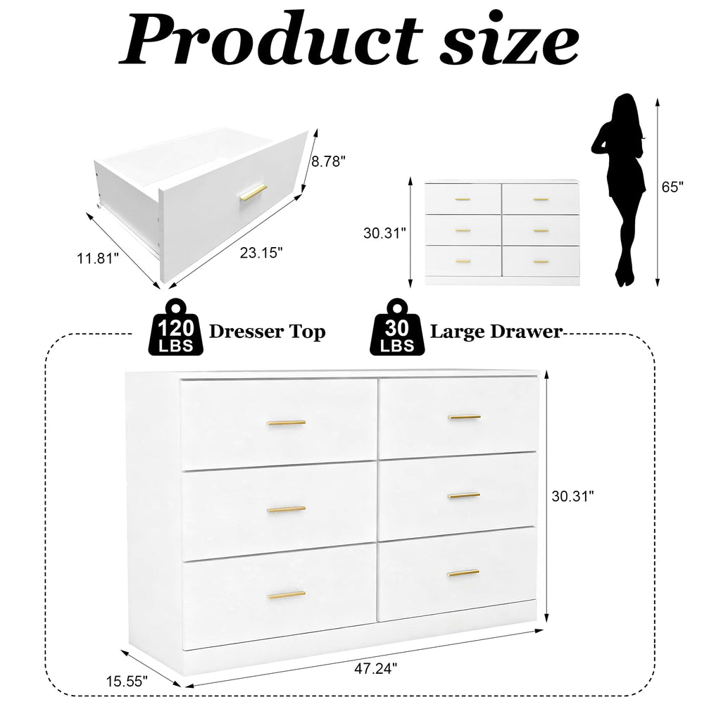 47" Modern White, 6 Drawer with Gold Handles