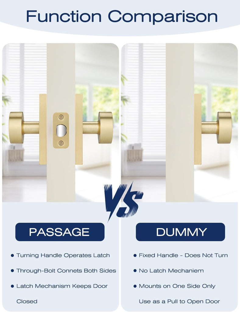 1 Pack Gold Door Knobs Interior, Single-Sided Dummy Door Knob