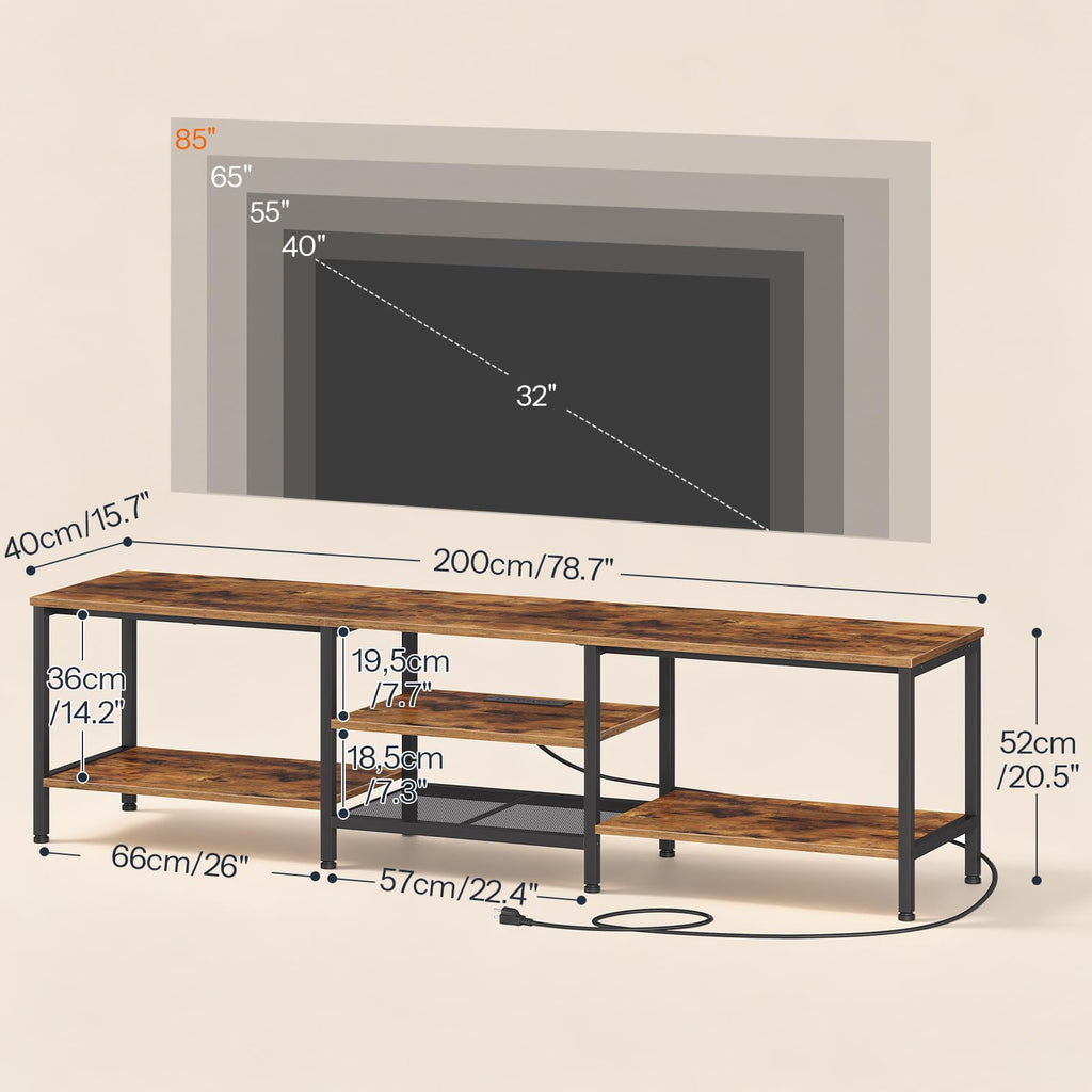 TV Stand with Power Outlets to 85 Inches, TV Console Table with Open Storage Shelves, Industrial Media Entertainment