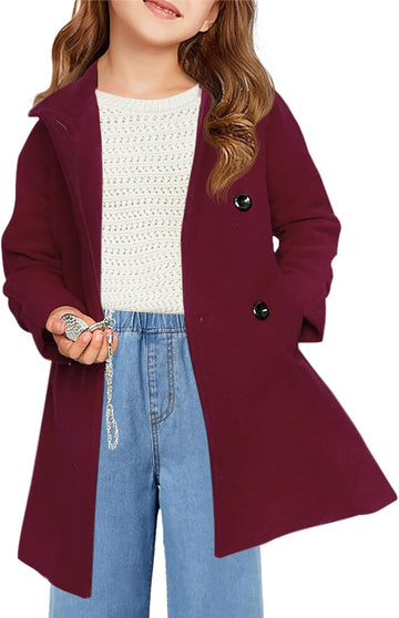 Girls Double Breasted Pea Coat Kids Long Sleeve Notched Lapel Winter Dress Coat With Pockets