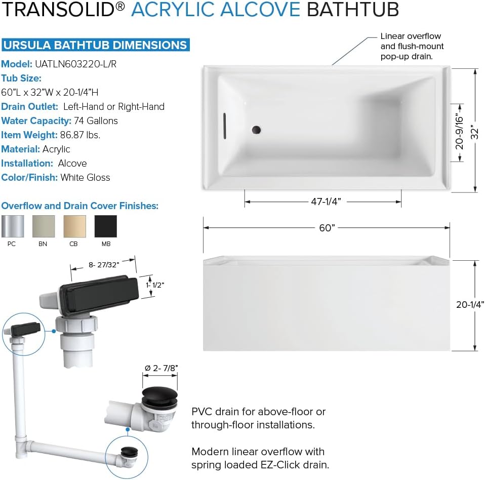 UATLN603220-L-MB Unity 60-in x 32-in x 20-in Alcove Acrylic Bathtub Kit With Left Hand Drain, White/Matte Black