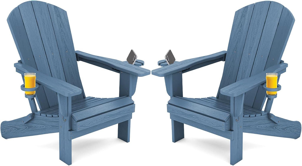 Outdoor Adirondack Chairs Set of 2 with 2 Cup Holders,Foldable,Blue | HDPE Composite,Waterproof,Wood Grain,Cup &