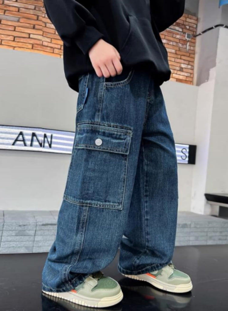 Boy's Baggy Jeans Straight Leg Denim Pants with Pockets