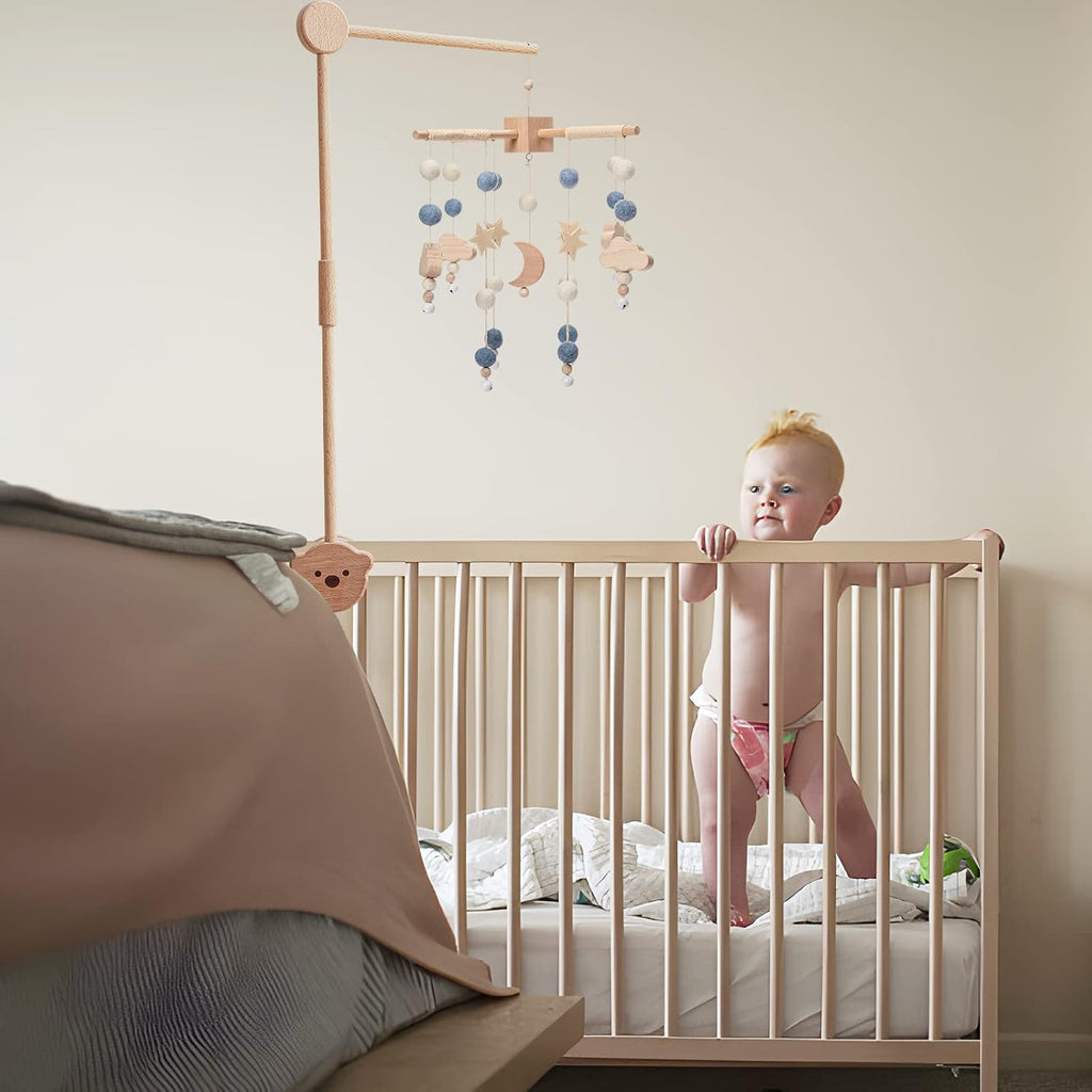 Boho Baby Crib Mobile Decor - Wooden Moon and Stars Nursery Mobiles with Cloud for Bassinet Starry Night Soft Felt