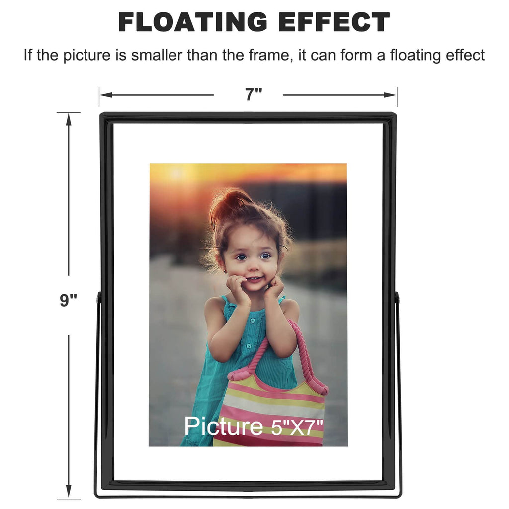 5x7 Black Floating Picture Frame set of 2, 7"×9" Frame For Picture 5×7 4x6 6x8 Metal Glass Photo Frames, Tabletop