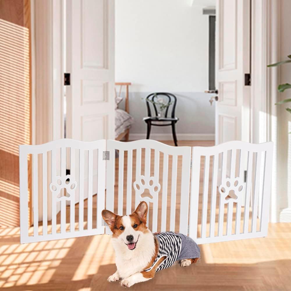Pet Gate Wooden Free-White Standing Dog Gate for Small Dogs & Cats