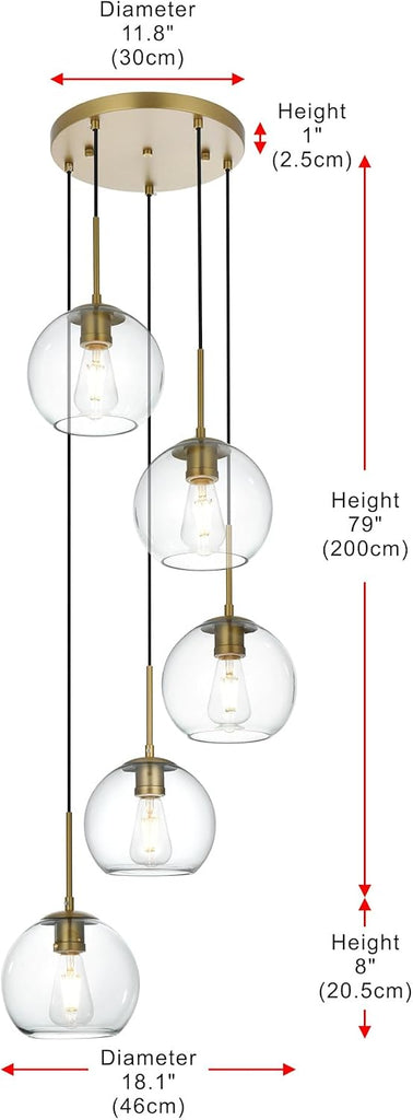 Living District Baxter 5-light brass pendant with clear glass