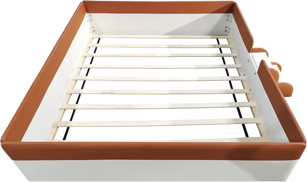 Queen Size Montessori Floor Bed with Stairs, PU Upholstered Montessori Bed Frame with Slats and Fence, Easy Assemble