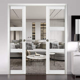 Sliding French Double Pocket Doors 72 x 96 inches Clear Glass 3 Lites| Lucia 2555 Matte White | Kit 