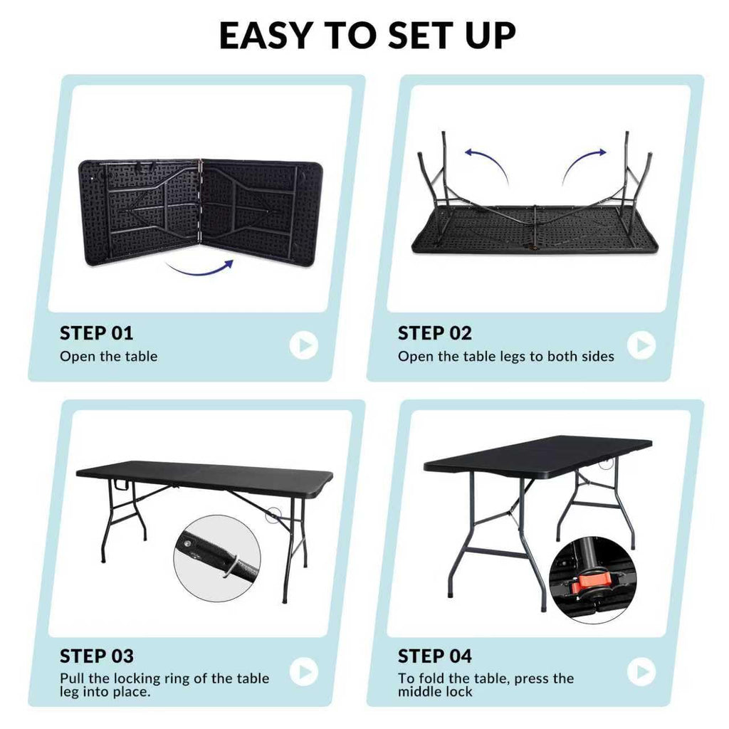 Folding Table 6ft, Foldable Table with Built in Handle & Steel Legs, Smooth HDPE Tabletop, Heavy Duty Folding