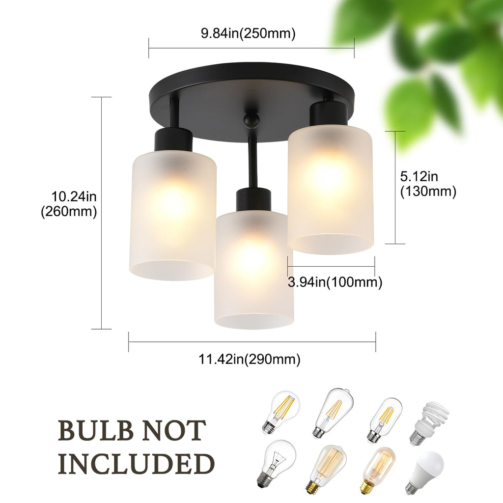 3-Light Industrial Farmhouse Black Matte Light Fixtures Ceiling Mount, with Frosted Glass Shades Semi Flush Mount