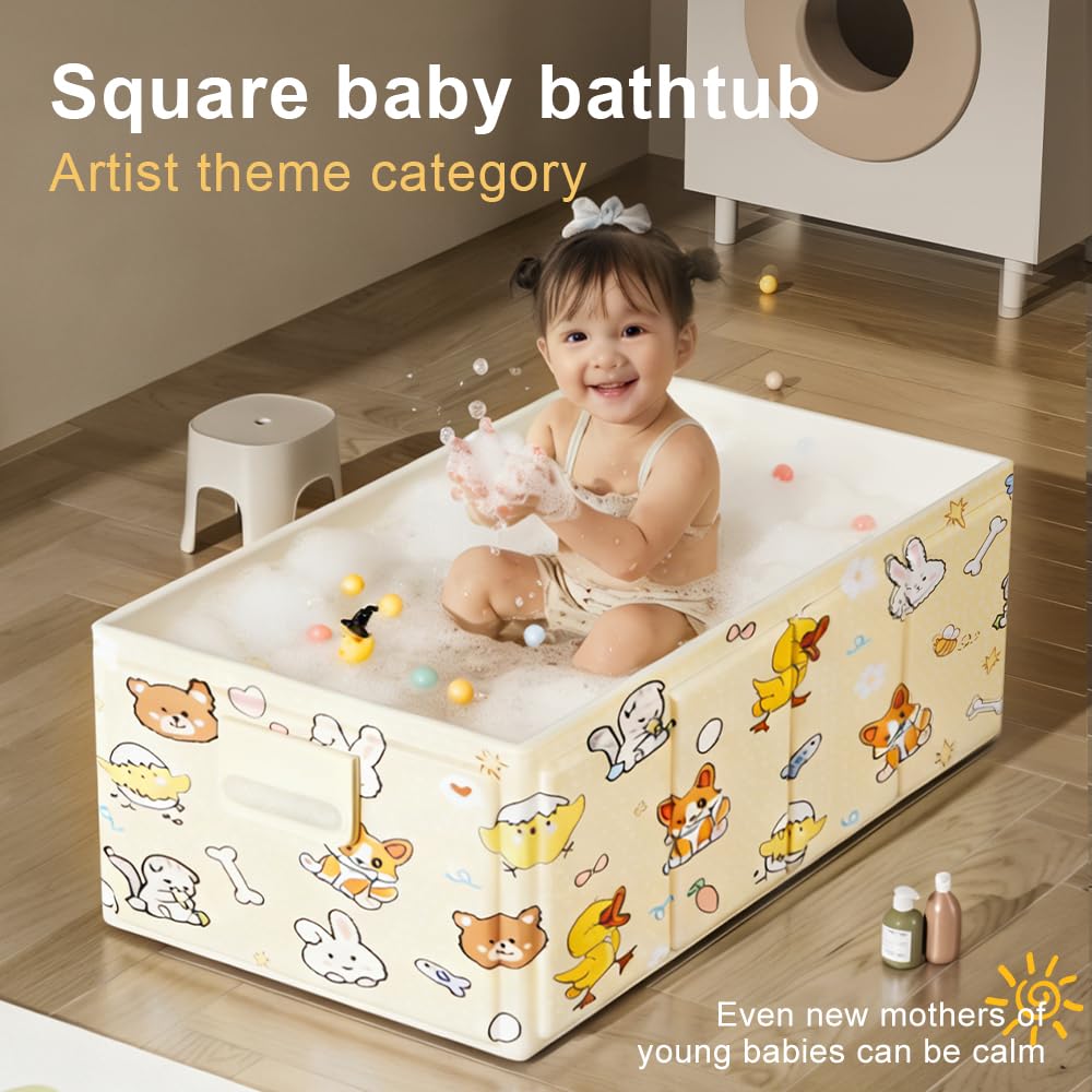 Foldable Baby Bathtub with Cute Animal Print, Portable Infant Bath Tub,31.5x17.7x9.8 Inch Expanded (Yellow)