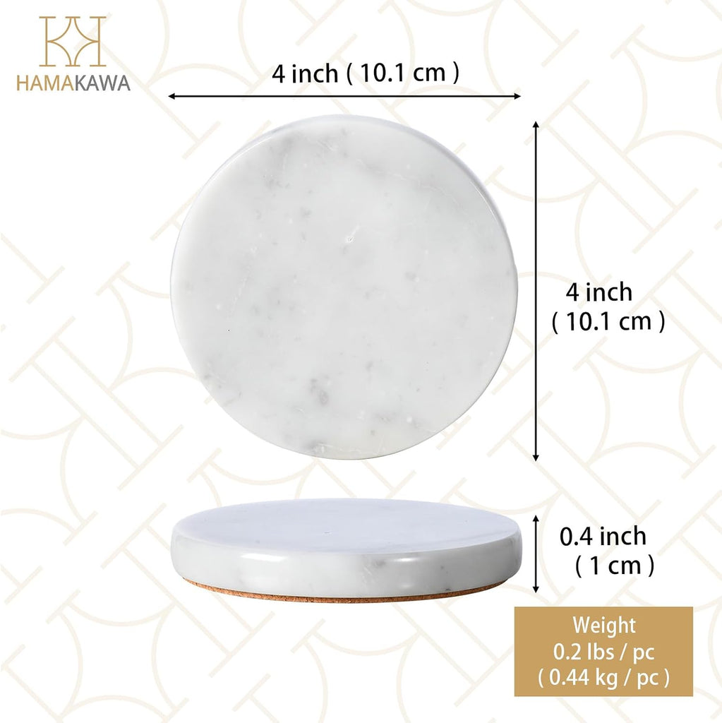 Real Natural Marble Coasters, Carrara White Coaster 4 inch, Modern Round Stone, Trendy Drink Coasters - Set of 4