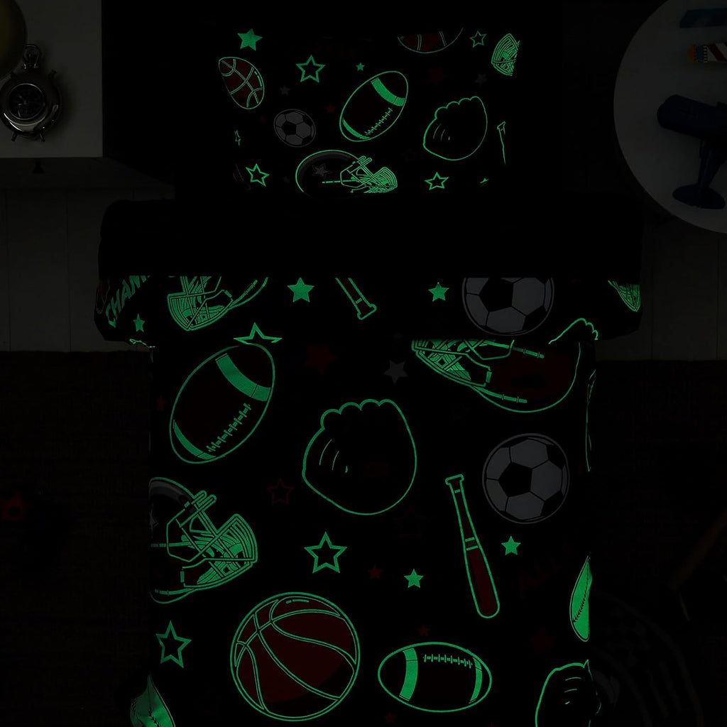 Twin Comforter Set for Boys-5 Pieces Sports Ball Games Glow in the Dark Twin Bedding Sets for Kids, Soft Bed in A Bag