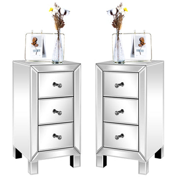 3-Drawer Mirrored Nightstand Set of 2, End Table, Bedside Table, Glass Nightstand, Silver, 11.7" L x 11.8" W x 23.8"