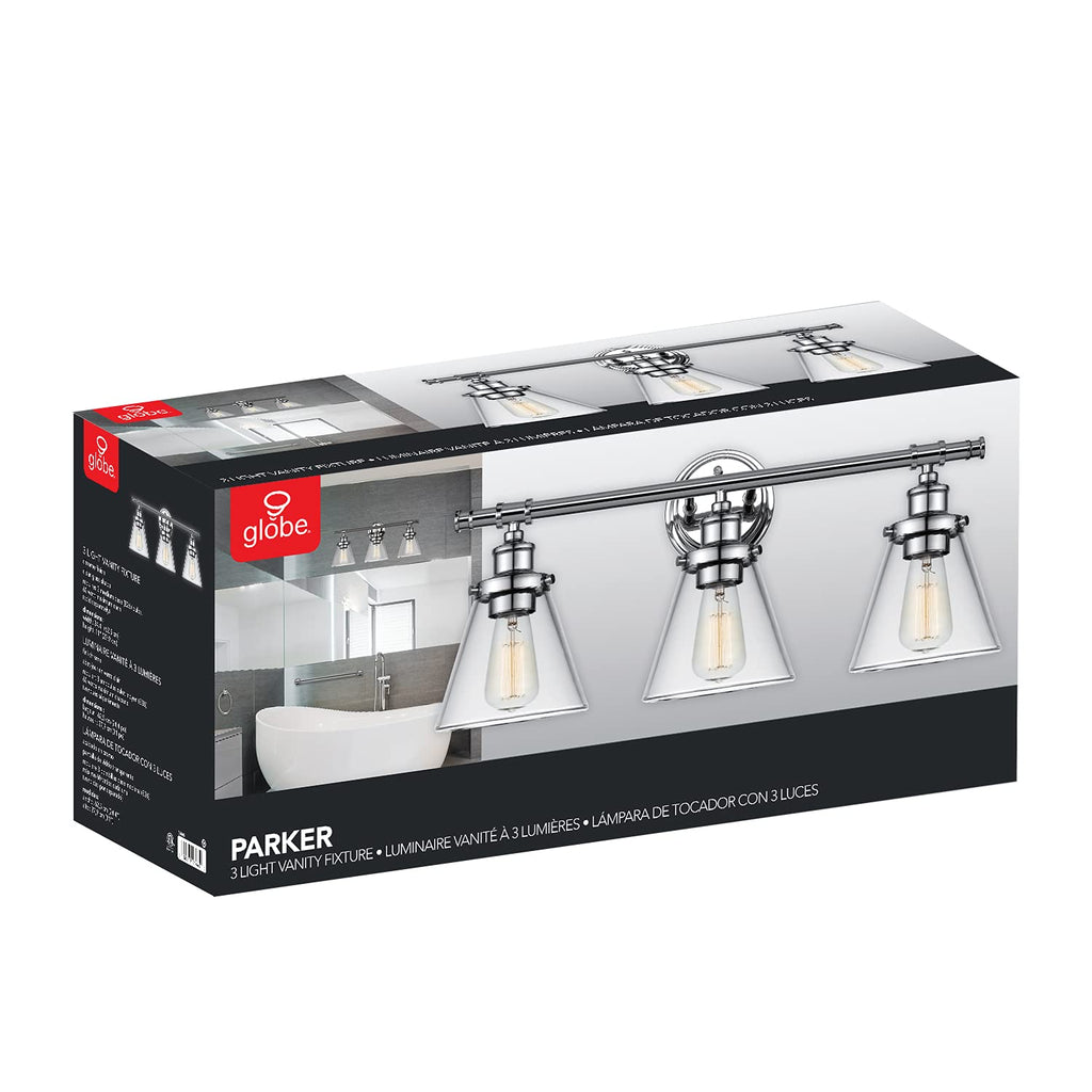 Parker 3-Light Vanity Light, Chrome, Clear Glass Shades, Bulb Not Included