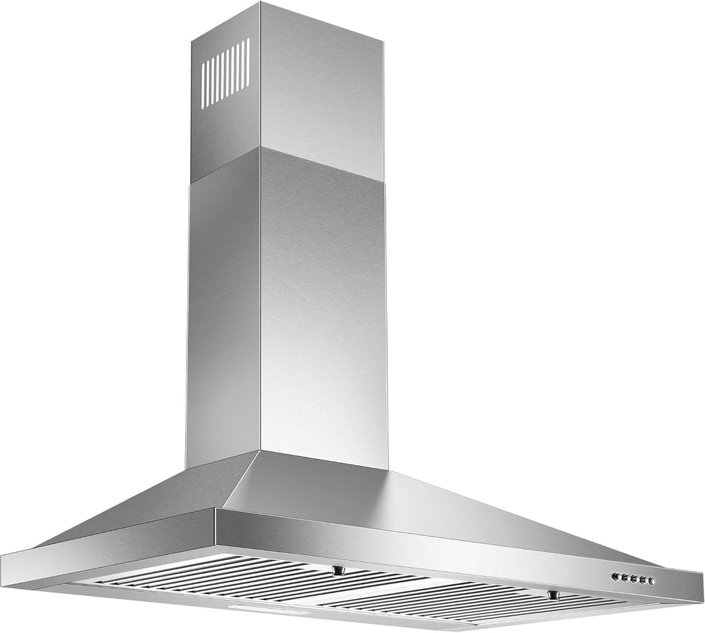 30 Inch Stainless Steel Wall Mount Range Hood 3 Speed Push Button Control, LED Lights, Baffle Filters, Convertible Ducted/Ductless