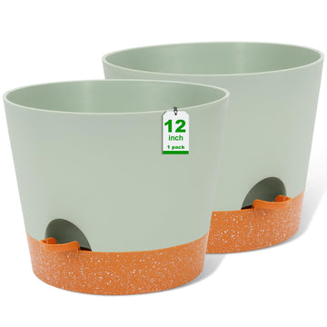12 Inch Self Watering Plant Pots and Planters, 2 Pack, Green