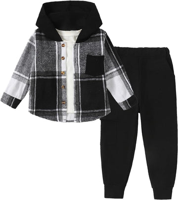 Toddler Boys Clothes 2 Piece Flannel Plaid Shirt Hoodie and Pants Little Boys Fall Winter