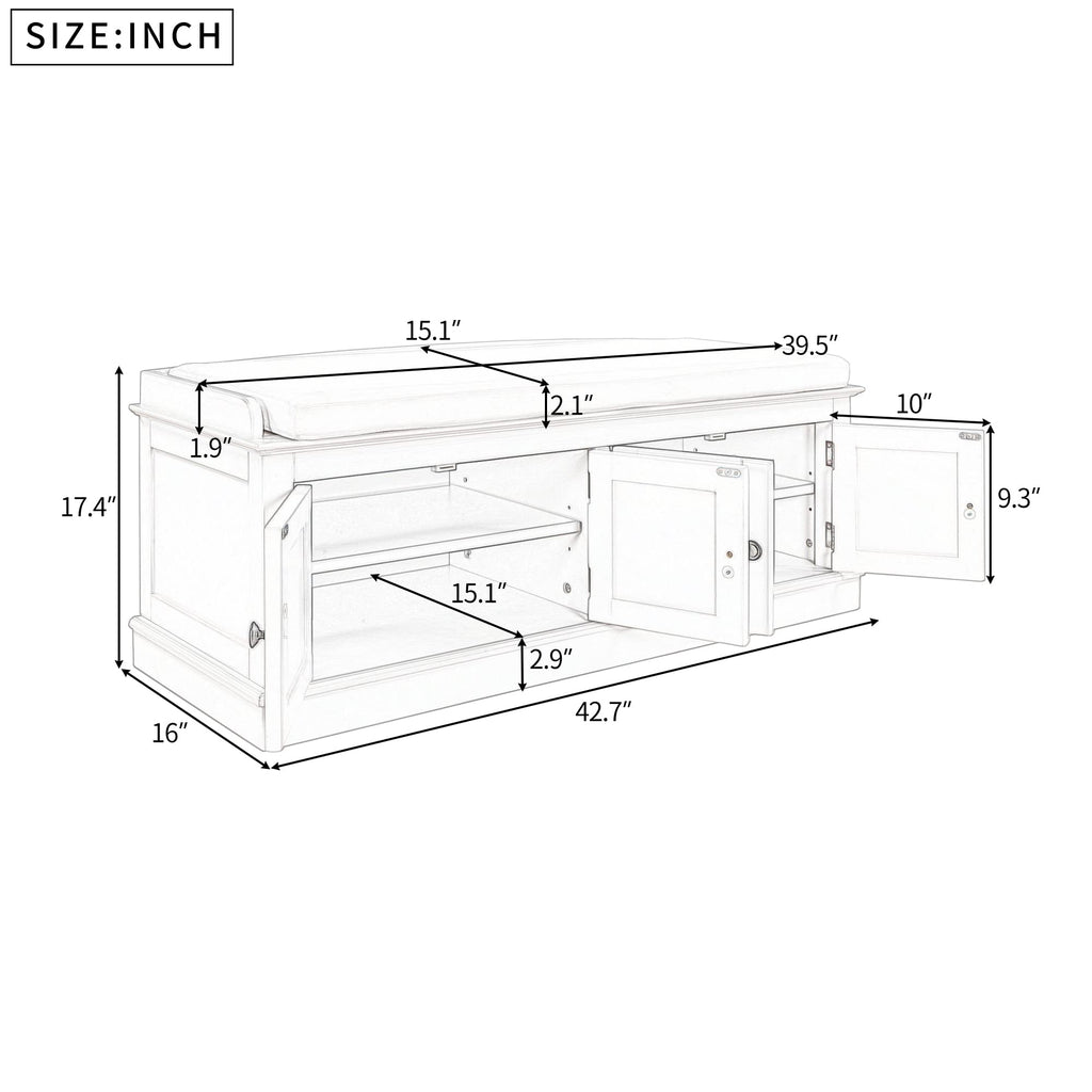 Farmhouse Storage Bench, Wood Storage Benches with Adjustable Shelves, Shoe Bench with Storage and Removable Cushion