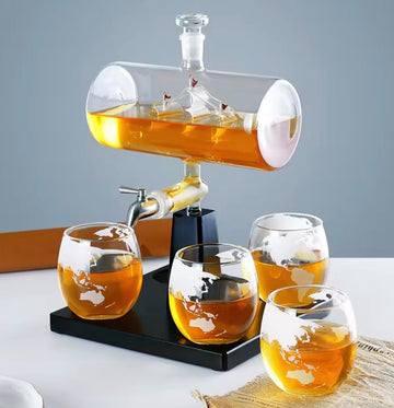 Whiskey Decanter Set with Dispenser & 4 World Map Glasses - Crystal Globe Liquor Decanter for Scotch, Bourbon - Set of 5