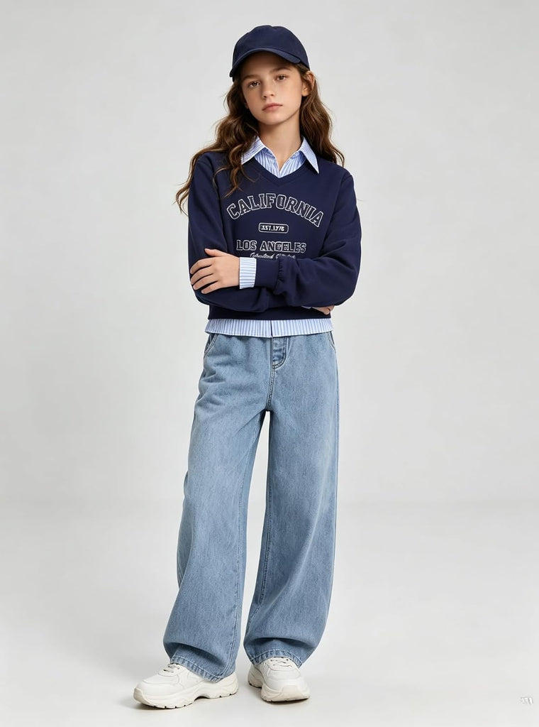 Clothes Spring Fall Spliced Fake Two Piece Long Sleeve Top & Denim Pants 2PCS Set Girl Outfits