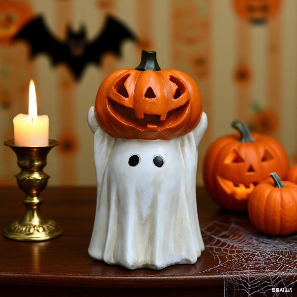 Halloween Ghost Decoration with Light-Up Jack-o'-Lantern Head,Cute Little White Ghost Holding Mini Pumpkin