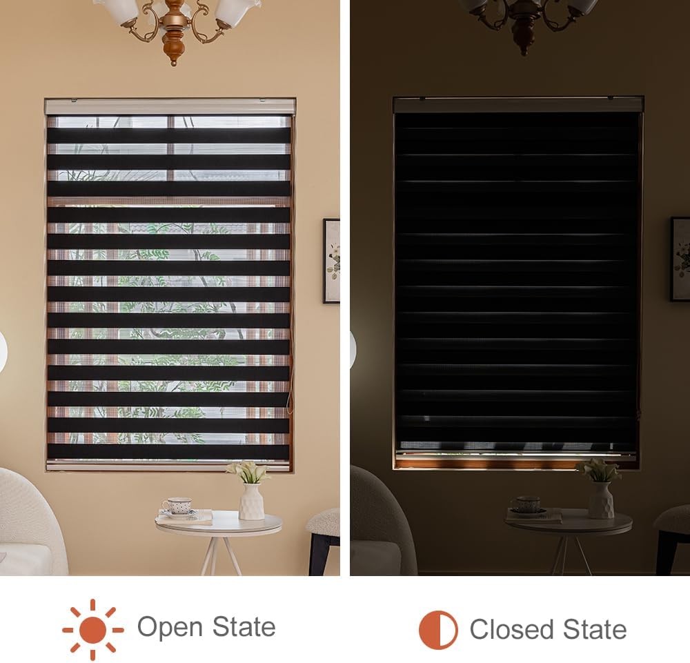 Zebra Blinds for Windows, Roller Light Filtering Control Semi Sheer Windows Shades, Black Dual Layer Fabric Manual