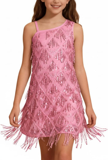 Girls One Shoulder Sequin Fringe Flapper Dress with Side Zipper