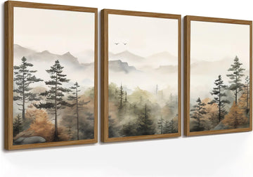 Framed Mountain Landscape Wall Art Set of 3 - Canvas Prints with Real Wood Frame Foggy Pine Tree Misty Forest