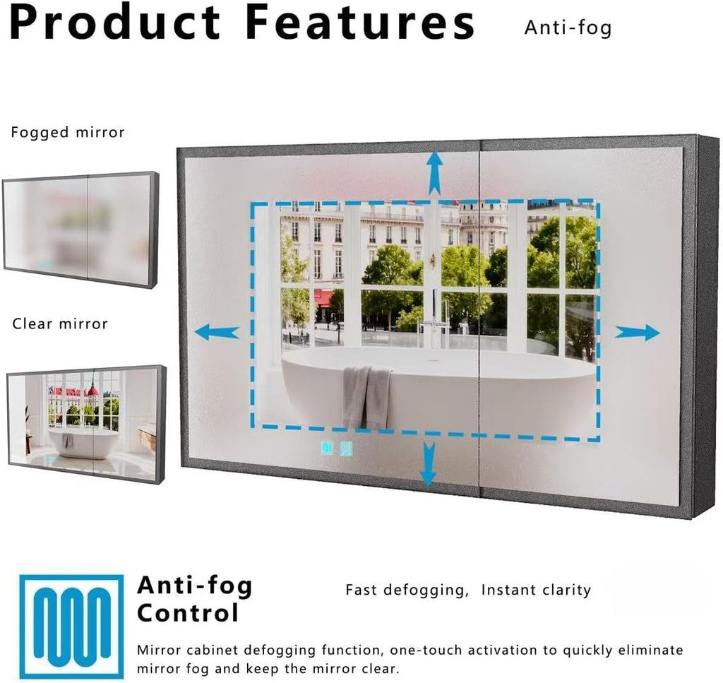 35.43" x 23.62" LED Bathroom Medicine Mirror Cabinet, Wall Mounted Double Door Vanity Storage Cabinet with Anti-Fog