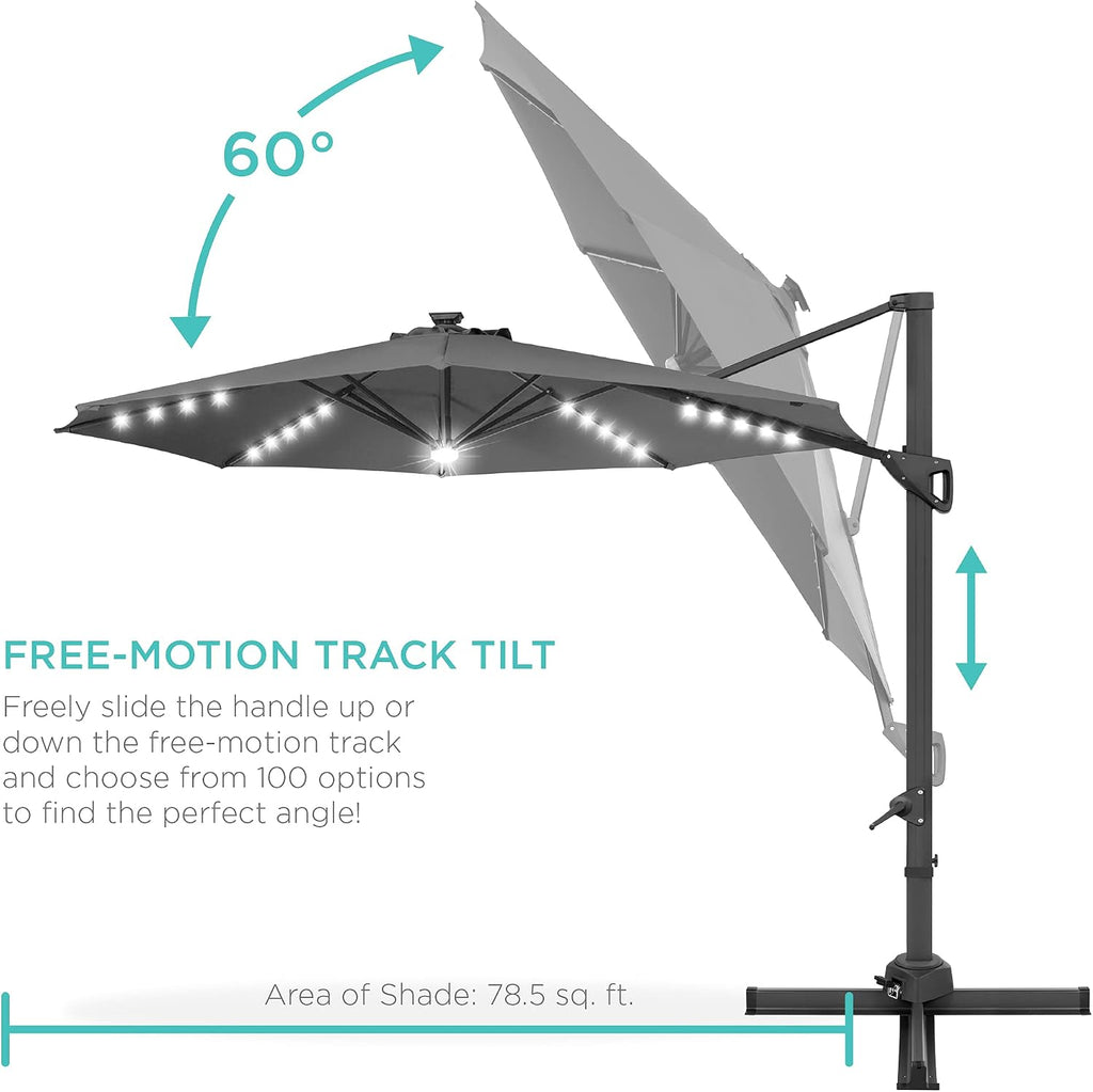 10ft Solar LED Cantilever Patio Umbrella, 360-Degree Rotation Hanging Offset Market Outdoor Sun Shade w/Lights - Gray